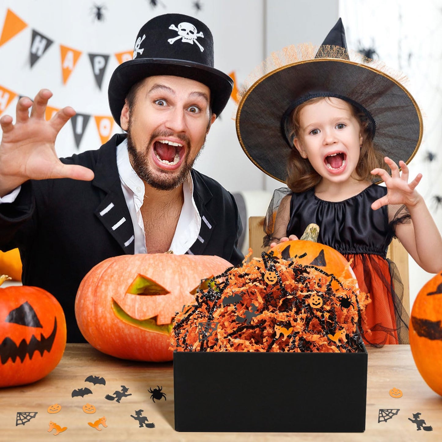 Jansun Halloween Black Orange Crinkle Cut Paper, 453g/16oz Shred Filler with Pumpkin Spider Bat Witch Confetti for Gift Wrapping Craft DIY Basket Filling Trick or Treat Candy Decorations