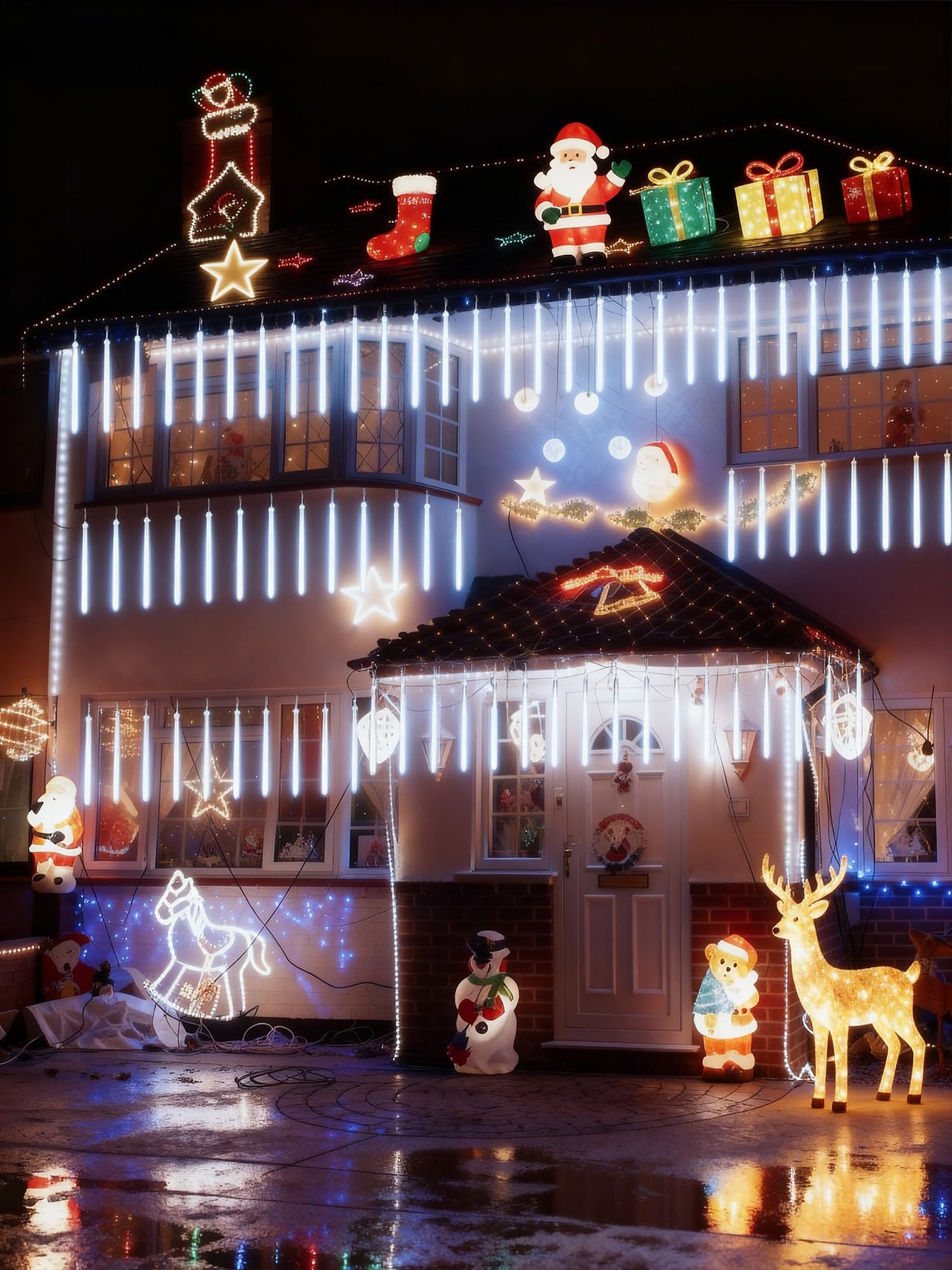 Flacchi Cool White 20 Tubes Meteor Shower Icicle Lights 480 LED Raindrop Lights with Timer Function Cascading Falling Rain Light for Holiday Party Christmas Decorations