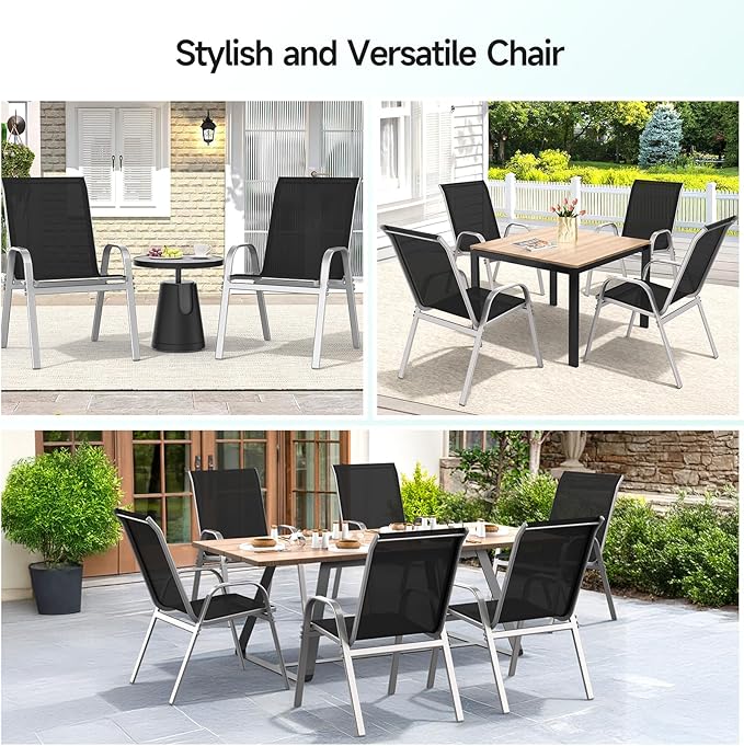 Patio Chairs Set of 2, Easily Set Up Stackable Outdoor Dining Chairs with High Back and Wide Seat, All Weather Breathable Outdoor Chairs Set of 2 with Metal Frame for Backyard Deck Pool, Black