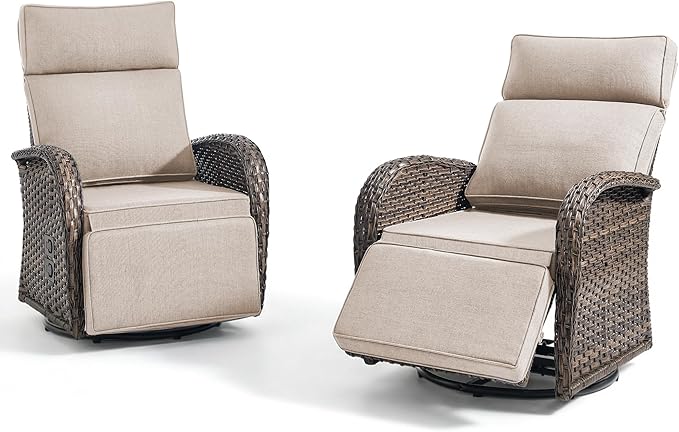 Zero Gravity Patio Swivel Rocking Recliner Chairs Set of 2 - Wicker Outdoor Lounge Chair with Adjustable Backrest & Footrest, All Weather Reclining Rocker Chairs with Thick Cushion for Pool Deck Beige