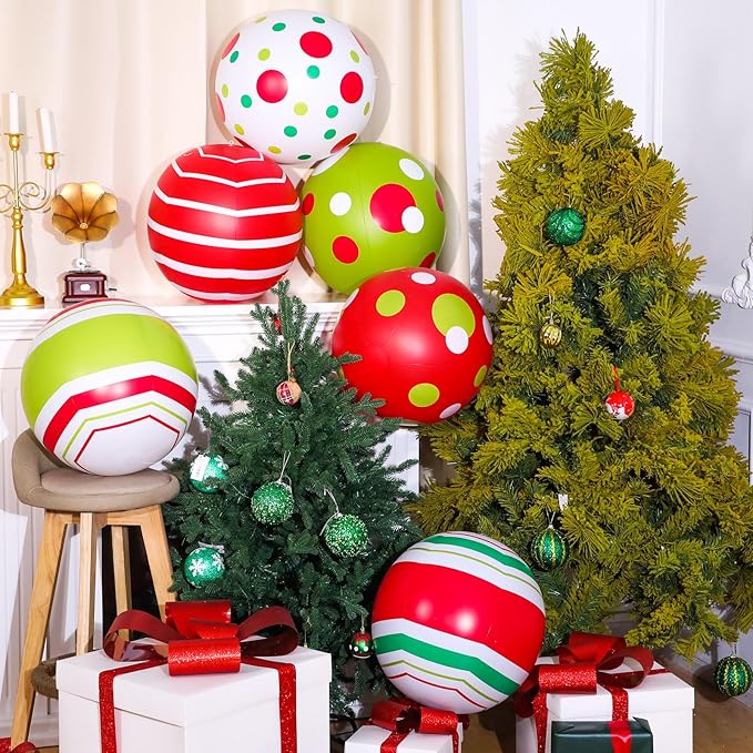 12 Pcs 24/16 Inch Giant PVC Christmas Inflatable Ball Outdoor Blow up Xmas Inflatables Ornaments Giant PVC Christmas Ornaments for Tree Yards Lawns Porch Garden Front Doors Holiday Decor(16 Inch)