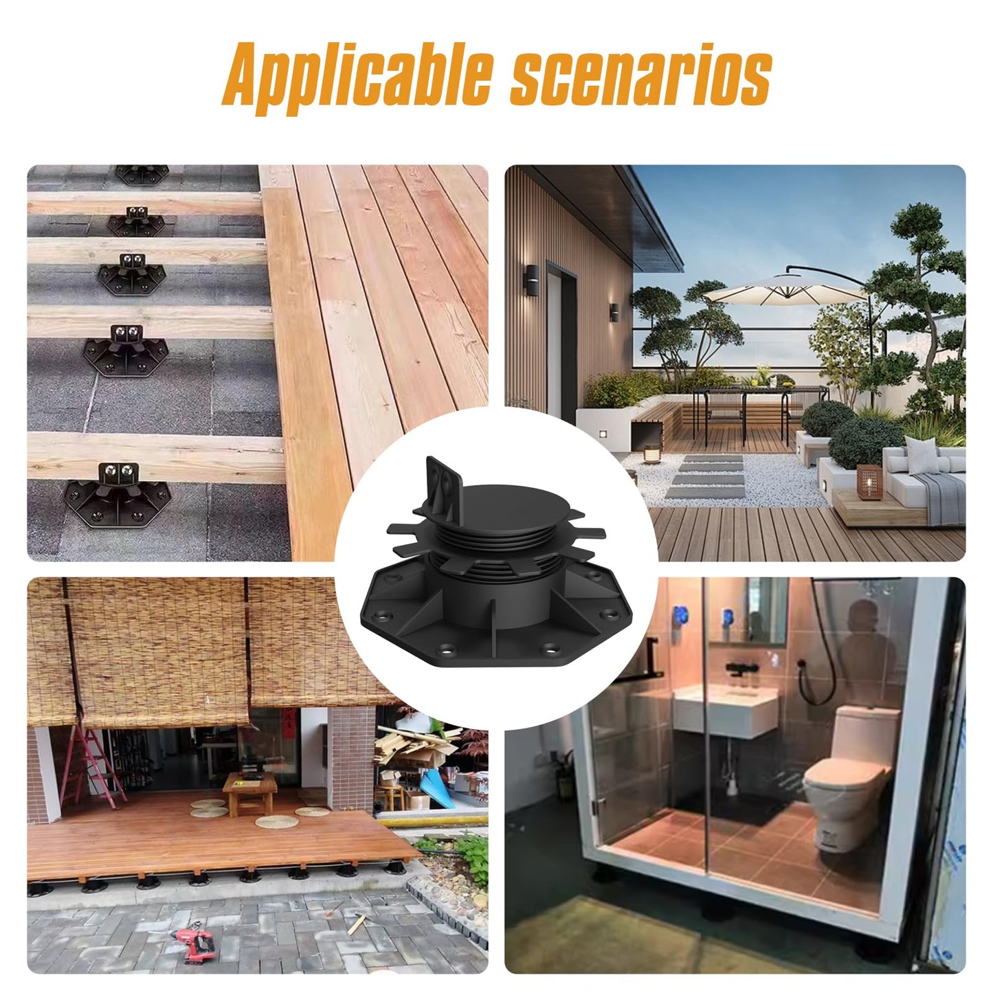 Deckit 12-Pack Adjustable Deck Support Pedestals, 1.18"–2.36" (30–60 mm), for 2×4 & 2×6 Joist Framing, Ground Support & Leveling for Patio, Shed Base & Floating Deck Includes Screws