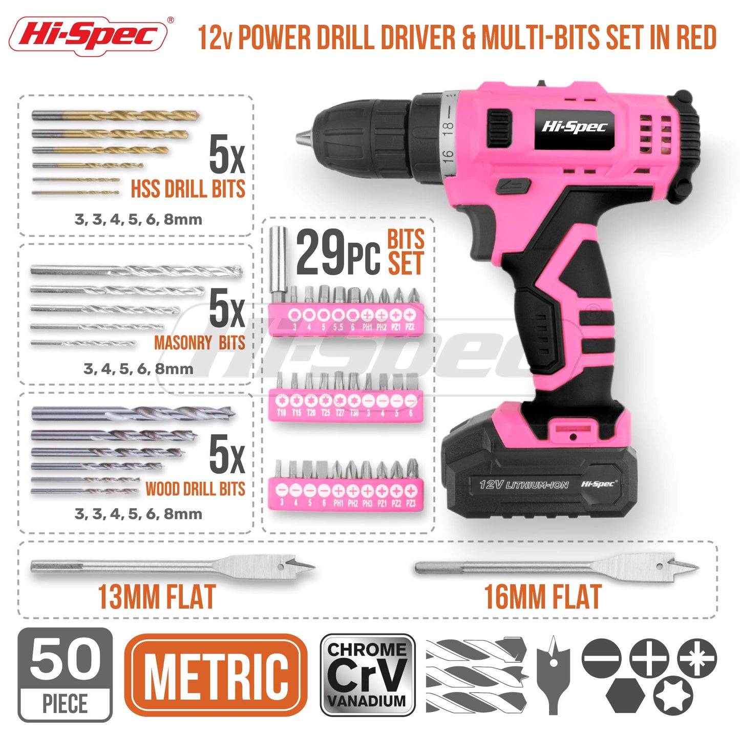 Hi-Spec 50pc 12V Pink Electric Cordless Power Drill Driver. in a Carry Case with Rechargeable Battery, Power Screwdriver Bits, Wood, Metal, and Masonry Drill Bit Set Accessories