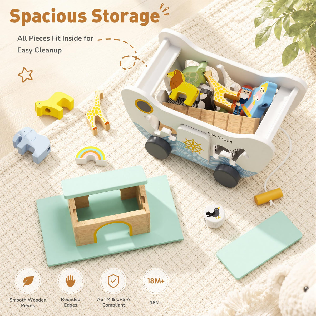 GiggleGems Noah's Ark Wooden Toy - All-in-1 Push Pull Shape Sorter for Toddlers - Montessori Animal Matching Set - Baptism Christening Gift for Birthday, Religious Toys for Boys Girls (18M+)