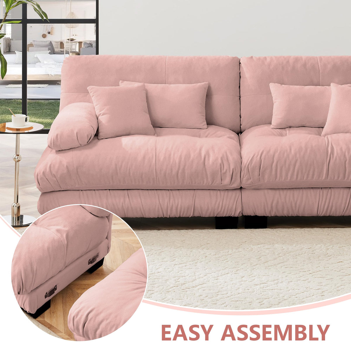 KEIKI 94 Inch Cloud Couch Sectional Sofa, Convertible L-Shaped Sleeper Sofa Set with Movable Ottoman, 3-Seater Chenille Upholstered Sofabed for Living Room Lounge, Deep Seating, Easy Assembly, Pink