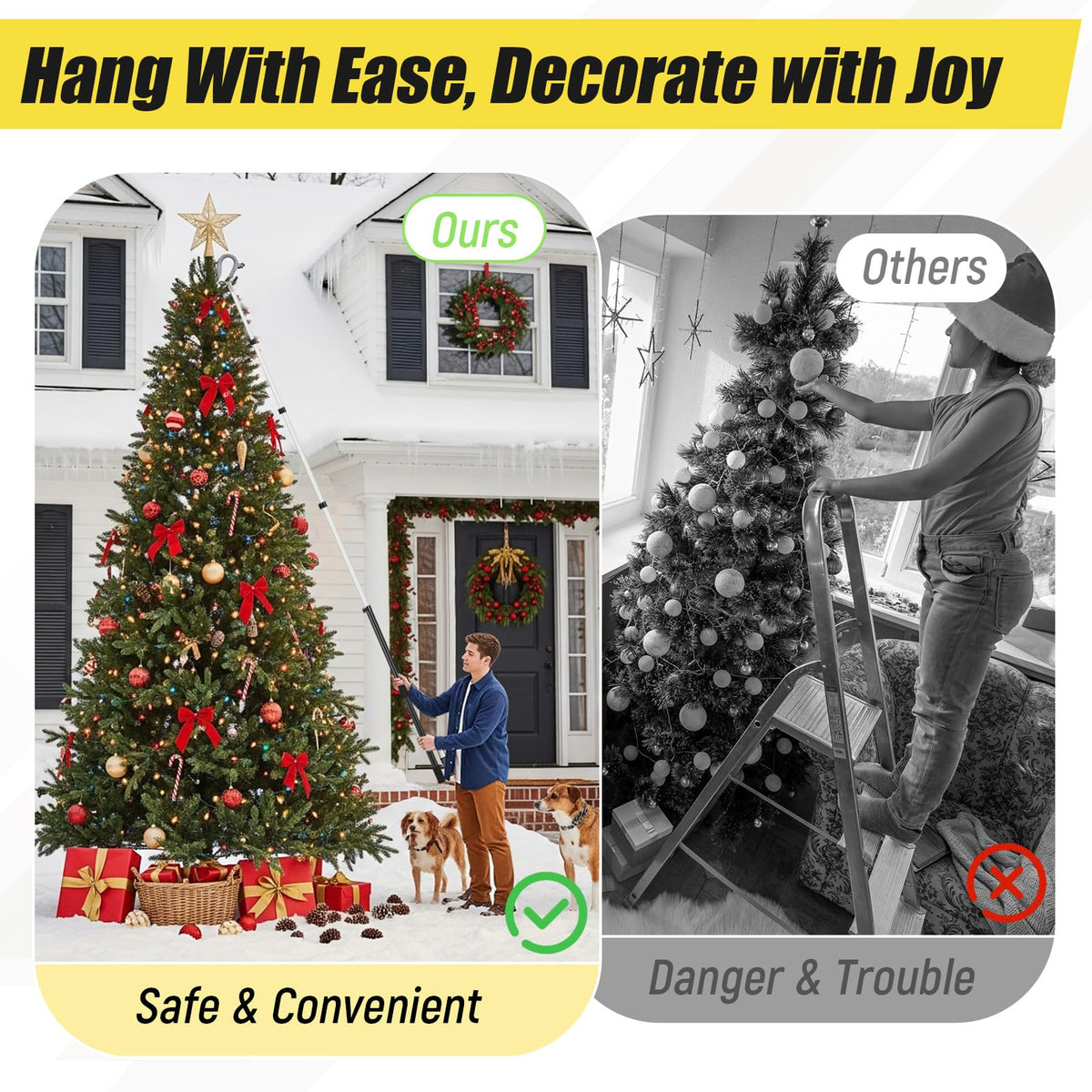 Leriton 7-30 ft Telescopic Extension Pole with Utility Hook, Multi-Purpose Aluminum Pole for Painting, Dusting and New Year Window Cleaning Christmas Lights Installation Without a Ladder (Black)