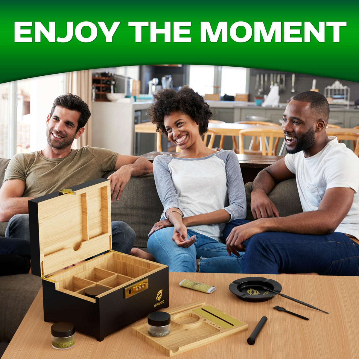 HOVANZO Upgraded Premium Large Bamboo Box - Locking Storage Decorative Box with Combination Lock - Wood Kit with lid - Wooden Locking Storage with Removable Tray and Jars