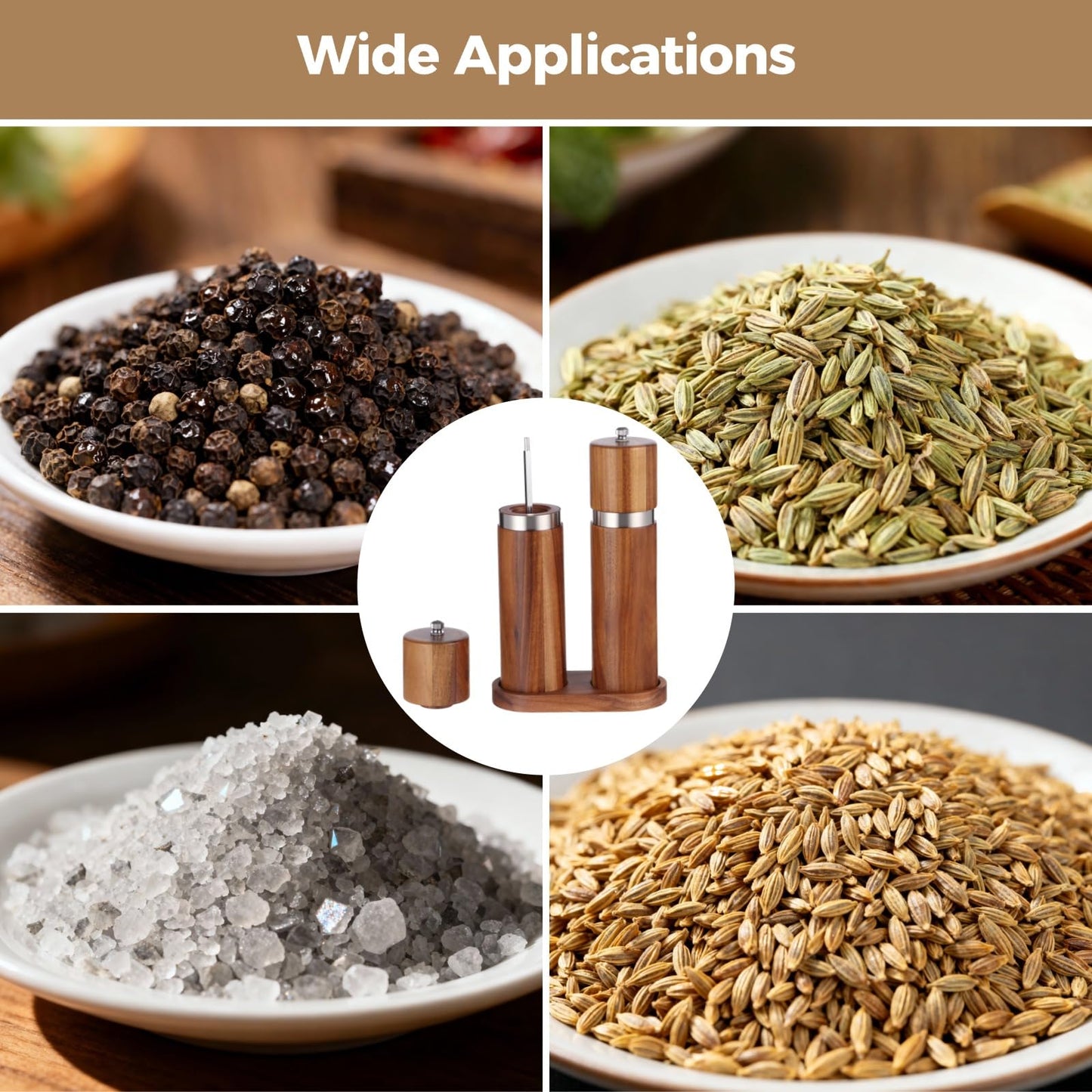 2 Pcs Wooden Salt and Pepper Grinder Set, Wood Pepper Shakers, Wooden Base, Refillable Sea Salt Grinder, 8.5 x 2.2 in