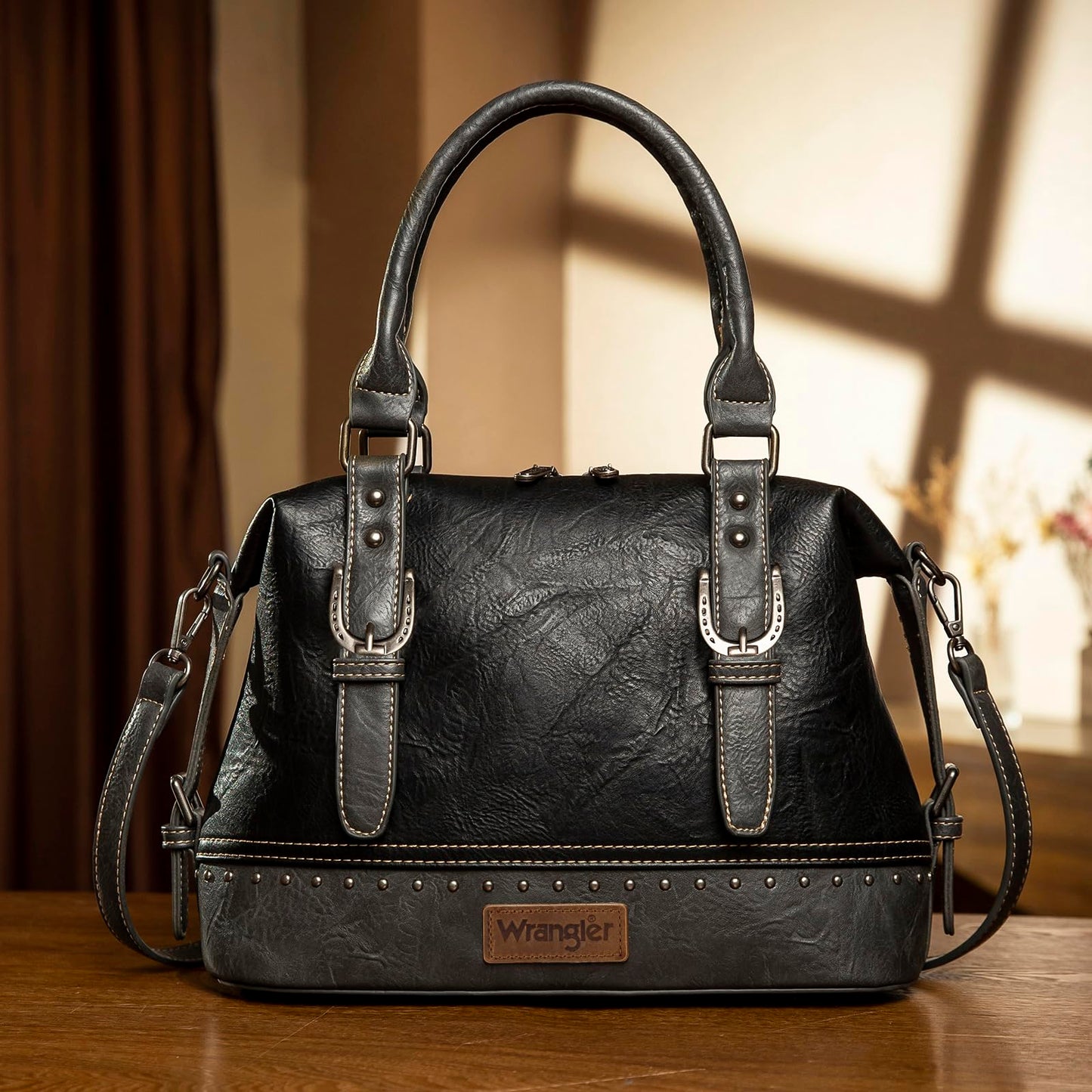 Wrangler Doctor Bag Top Handle Purse Hobo Shoulder Barrel Satchel Handbags for Women, Cannon Black, One Size