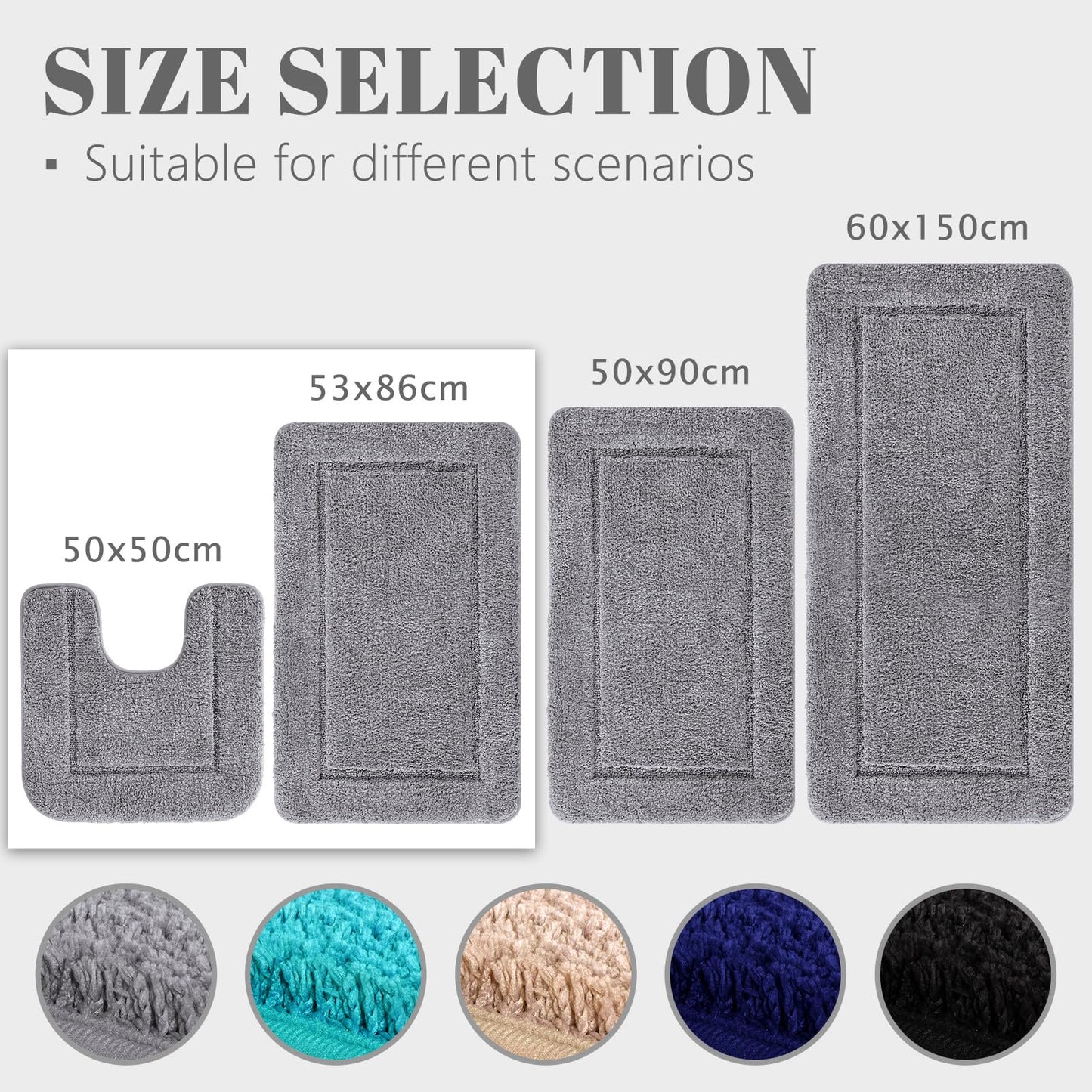 SOANNY Grey Bath Mat Set of 2, High Density Soft Microfiber Non-Slip Bathroom Mats with Water Absorbent, 53x86 cm Bathtub Rug & 50x50 cm Toilet Pedestal Carpet, Shower Rugs Machine Washable