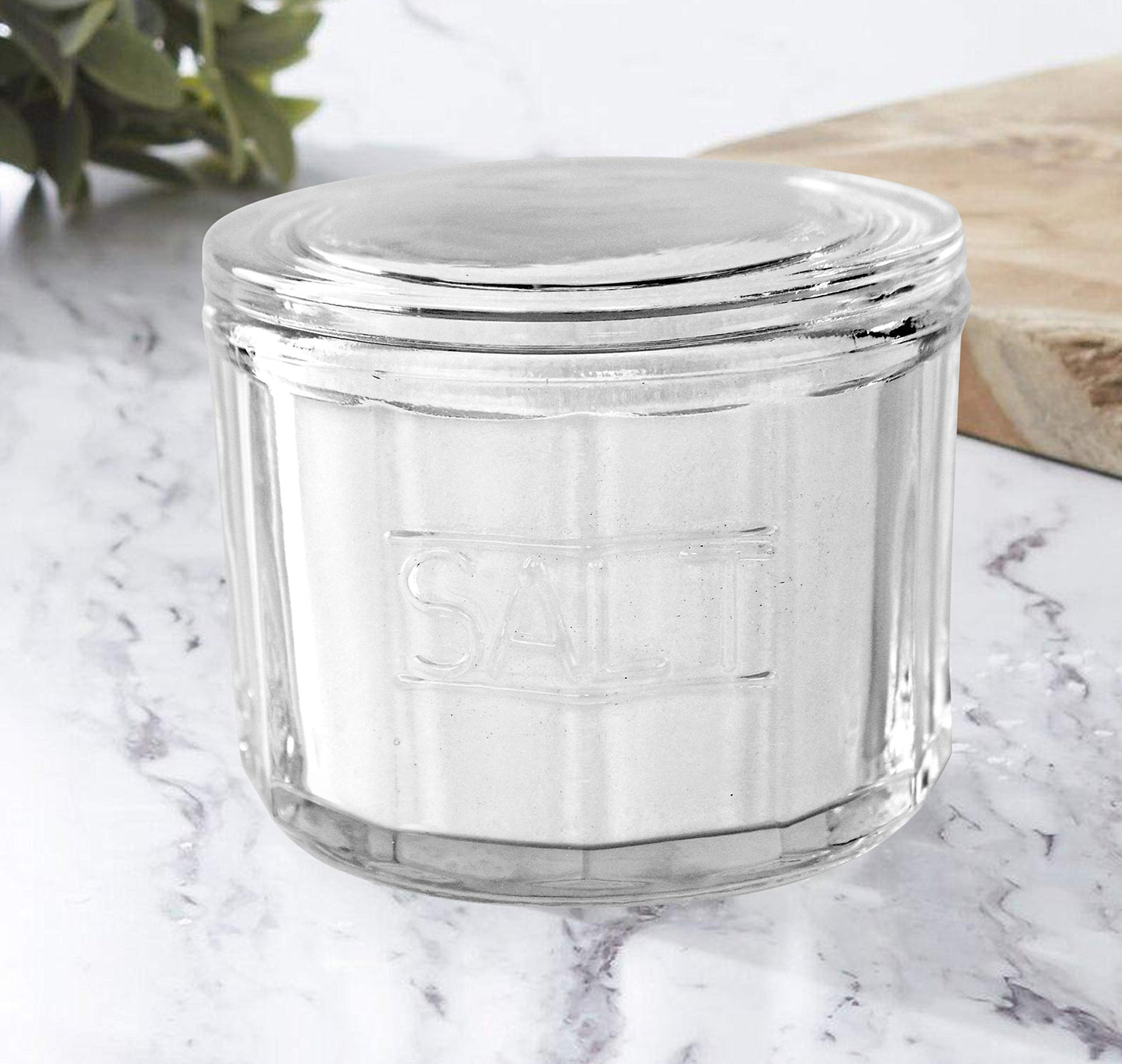 HOME-X Depression Style Clear Glass Salt Cellar with Lid, Retro Kitchen Decor, Wedding Gift - 3 1/2" H x 4" D