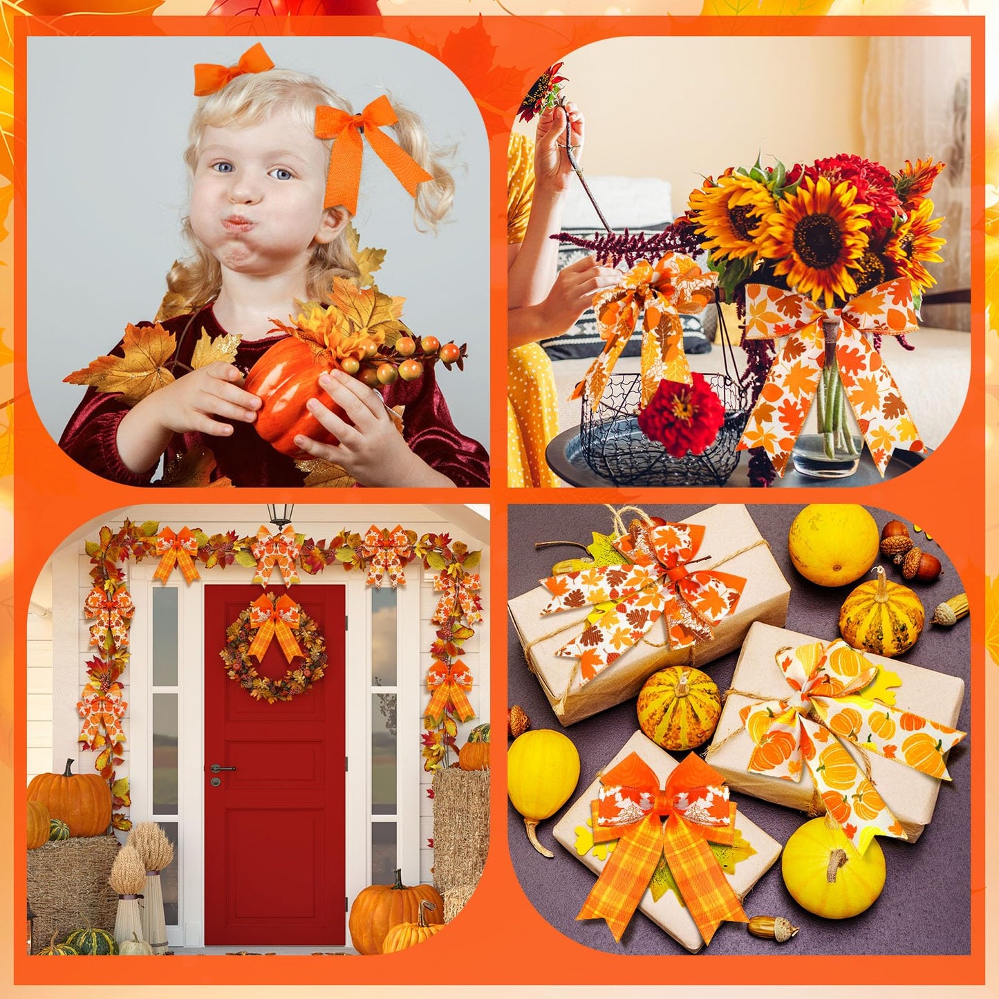 Giegxin 6 Rolls 30 Yards Thanksgiving Fall Wired Ribbon Burlap Wrapping Ribbon Plaid Pumpkin Maple Leaf Harvest Fall Thanksgiving Wreath Decoration for Autumn Crafts Bow Decor Gifts Making