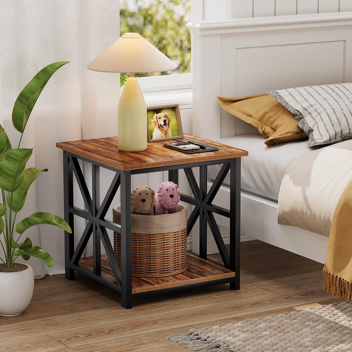 GreenForest End Table with 2-Tier Storage Shelf, 24 inch Large Side Table for Living Room, Modern Nightstand for Bedroom Bedside Office Farmhouse, Walnut