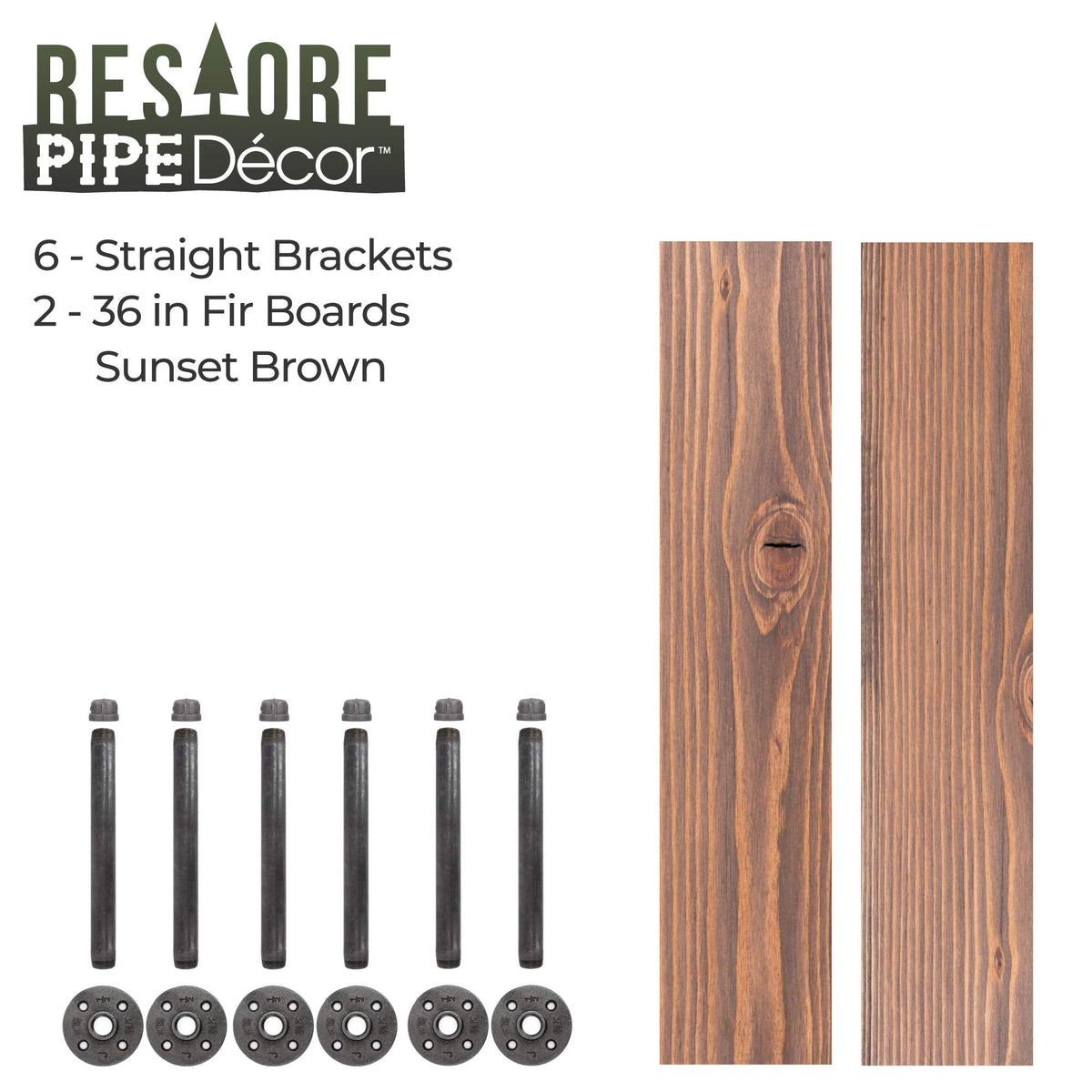 Industrial Pipe Wooden Shelves Restore by Pipe DÉCOR Premium Douglas Fir Wood Shelving 36 Inch Length Set of 2 Boards and 6 Straight Brackets Sunset Brown Finish
