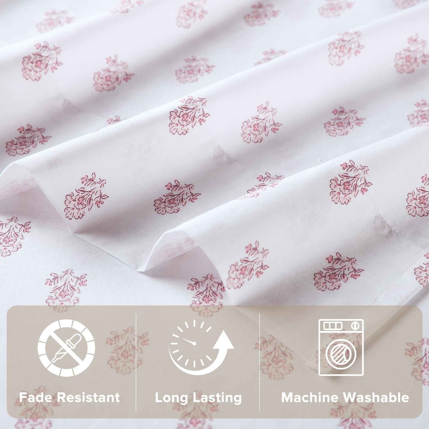 Comfort Spaces 100% Cotton Sheets King, Breathable, Naturally Cool Cotton Sheets, Soft Cotton Bed Sheets with 14" Elastic Pocket Fits up to 16" Mattress, All Seasons Sheet Set, Floral Pink 4 Piece