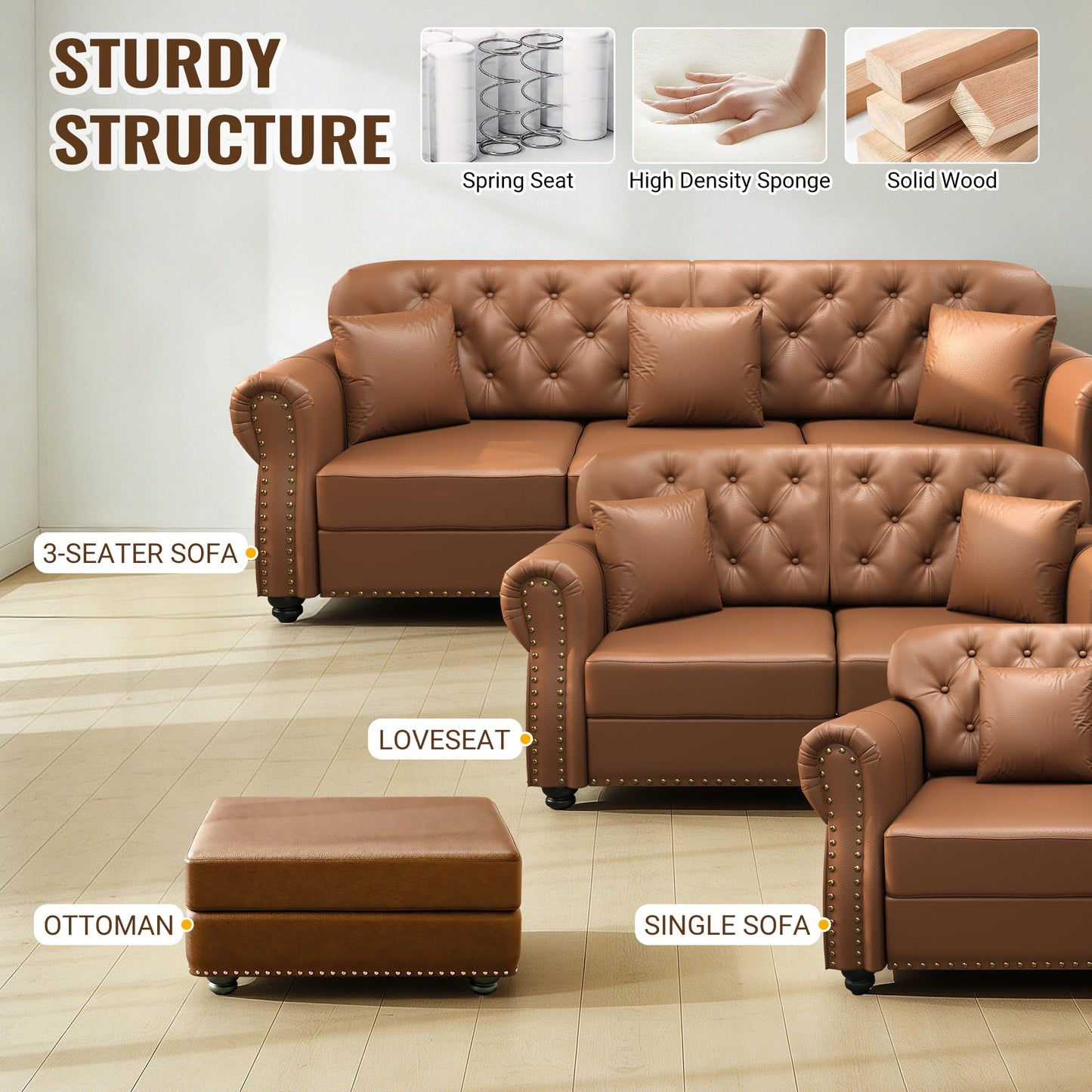 KEIKI 3-Piece Chesterfield Sofa Set with 1 Faux Leather 3-Seater Sofa & 1 Loveseat & 1 Single Sofa, 6-Seater Couch Set with Nailhead Trim & Rolled Arms & 1 Ottoman & 6 Pillow, for Living Room, Brown