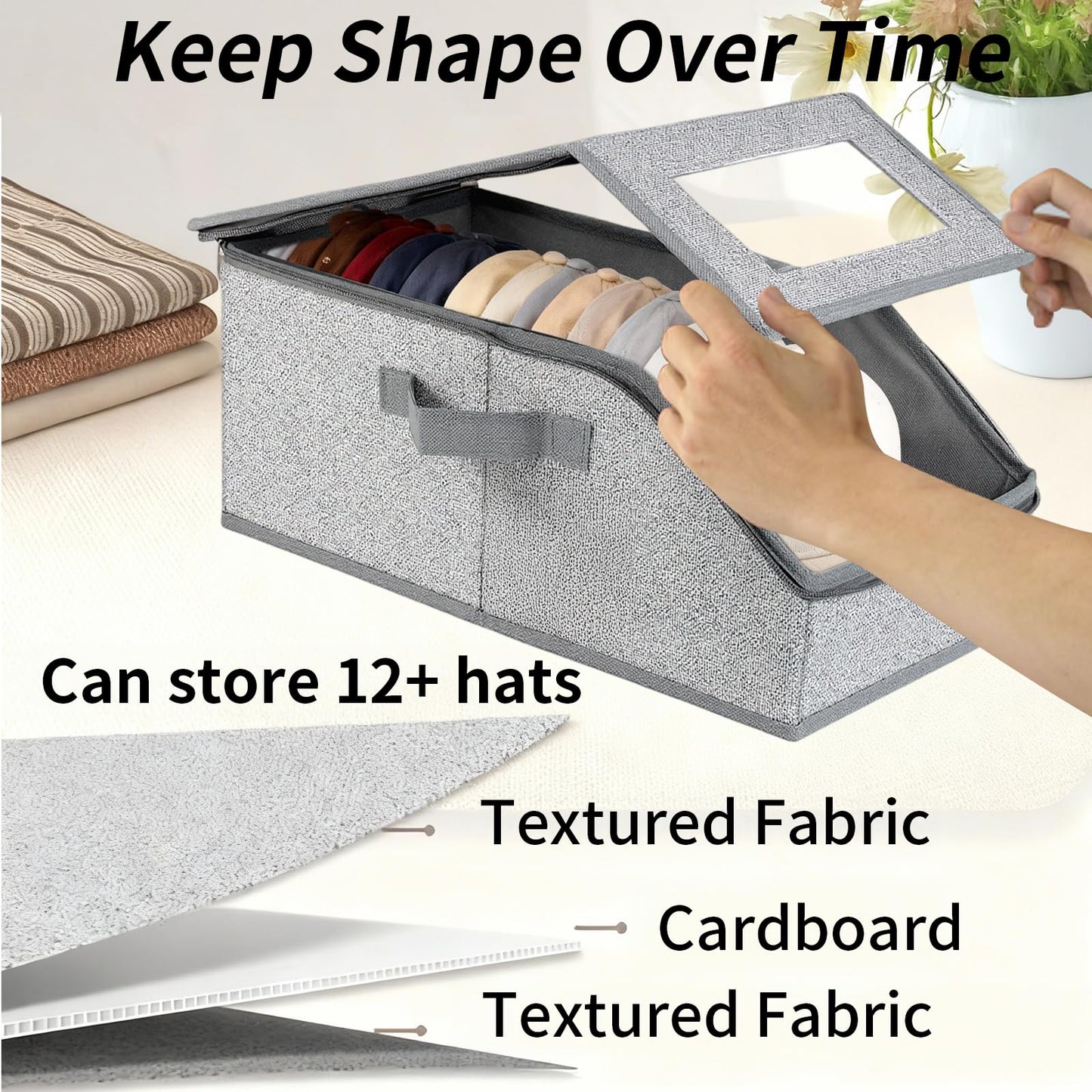 2 Pack Hat Storage Boxes for Baseball Caps - Stackable Clear Hat Organizer Box with Window Lid, Dustproof Closet Hat Case for 20-30 Caps, Large Foldable Ball Cap Storage Organizer for Men & Women