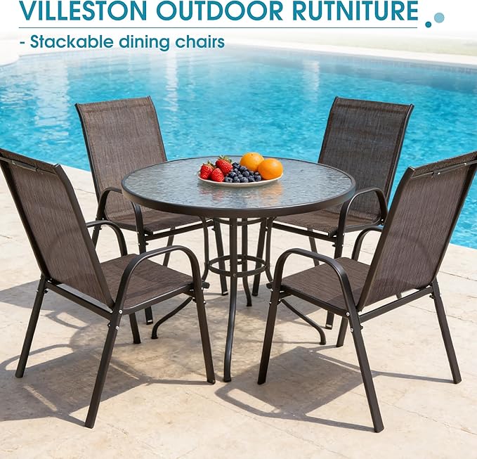 Outdoor Stackable Chairs Set of 4, Stacking Patio Chairs with Textilene Fabric, Outside Furniture for Garden Backyard Balconie Poolside Deck, Brown
