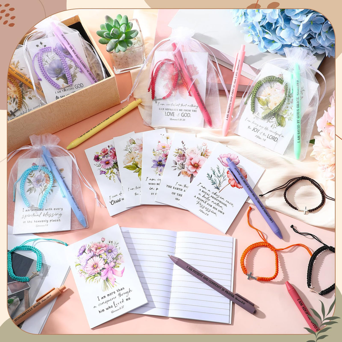 Pasimy 12 Set/48 Pcs Biblical Affirmation Gifts for Women Positive Affirmation Notebooks with Inspirational Pens Cross Bracelet Floral Christian Gift for Women Mother Church Member Party Favors