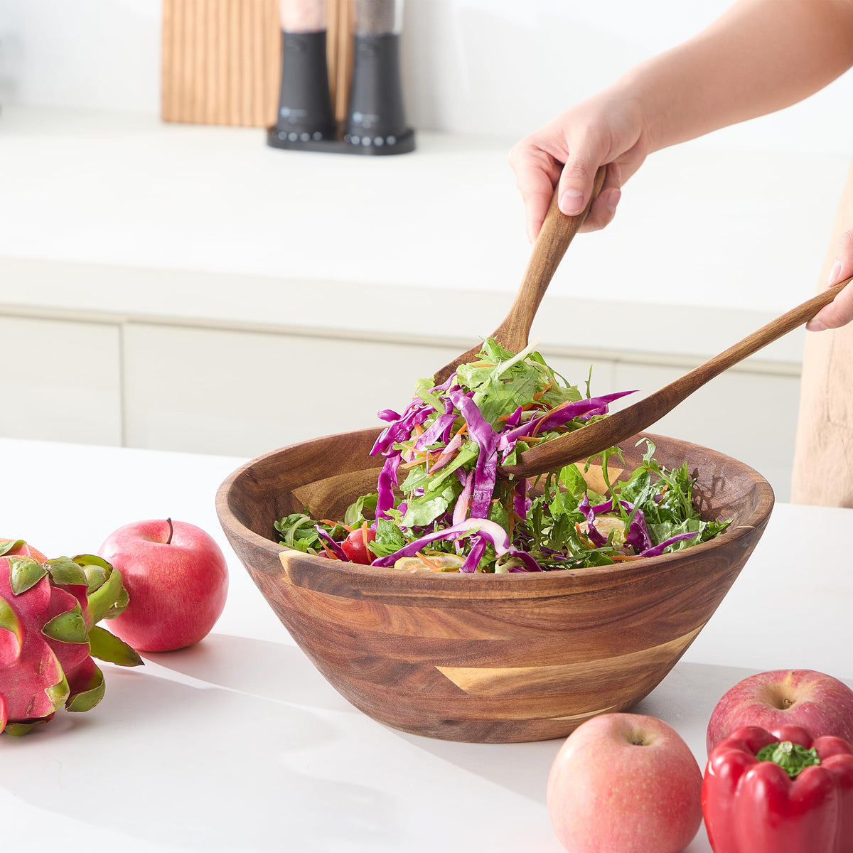 Wooden Salad Bowls with Serving Utensils, Large 12.5" Acacia Wooden Bowls for Food, Perfect as Fruit Bowl, Serving Bowls, Mixing Bowls, Handmade, Durable and Stylish Natural Wood Dinning Accessory