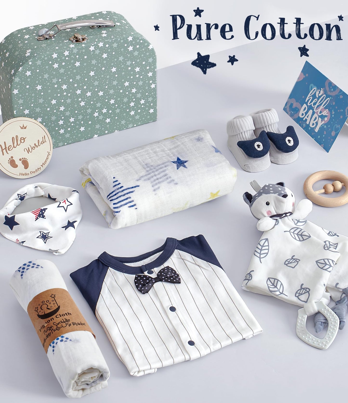 Golray Baby Boy Gifts for Baby Shower, 9pcs Newborn Essential with Fox Lovey/Blanket/Onesie/Wooden Rattle/Socks/Bib/Suitcase, Welcome Baby Gift Box Gender Reveal Infant Boy Gift Basket Set 0-6 Month