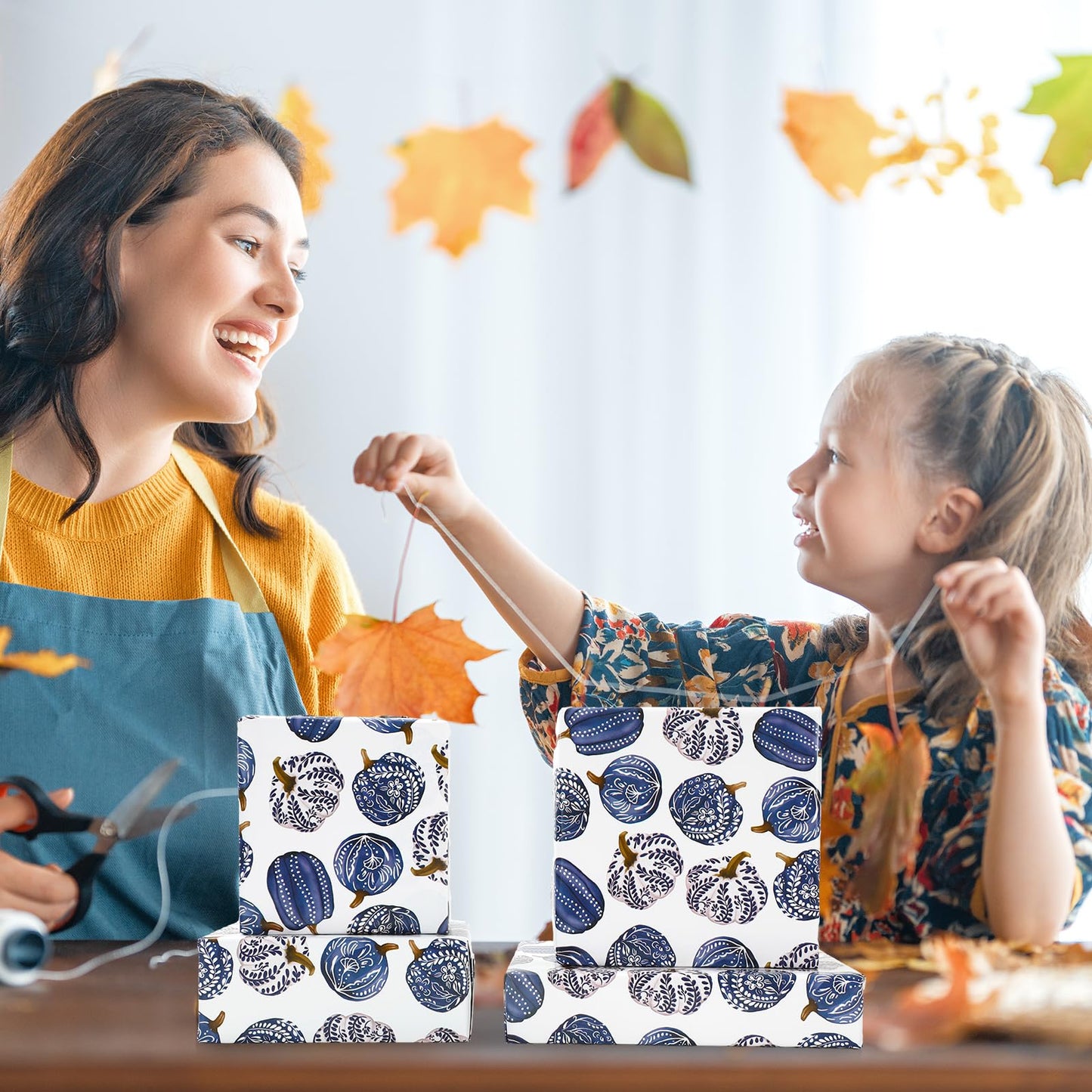 JarThenaAMCS Fall Porcelain Pumpkin Wrapping Paper -Mini Roll- 17 In x 32.8 Ft Chinoiserie Blue Pumpkin Gift Wrap Paper for Autumn Thanksgiving Birthday Party