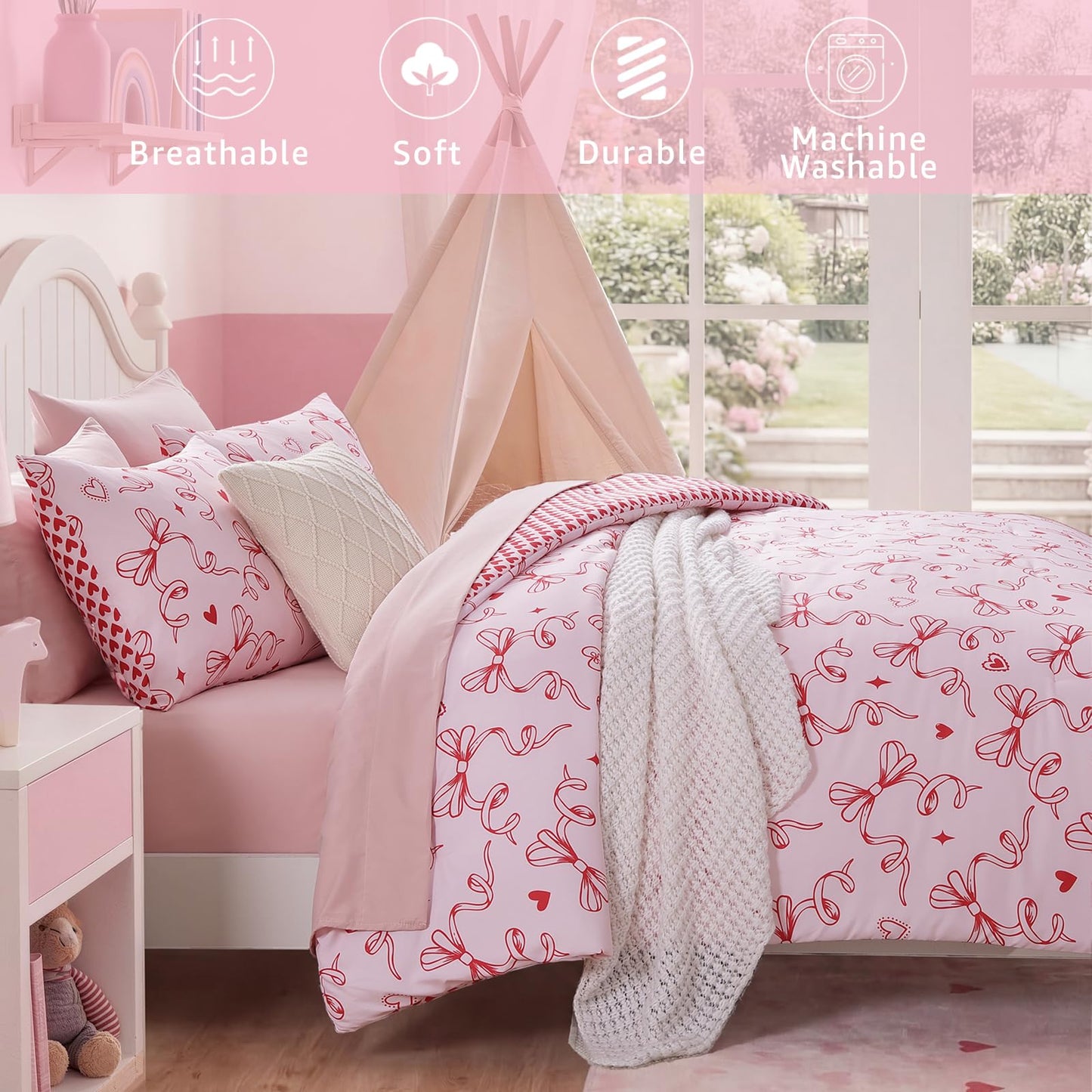 AMBERSPACE Twin XL Comforter Set for Girls, Red Bow Bedding Set Reversible with Cute Heart, All Season Kids Dorm Bed in a Bag 5 Pieces with Sheets, Pillowcase & Sham