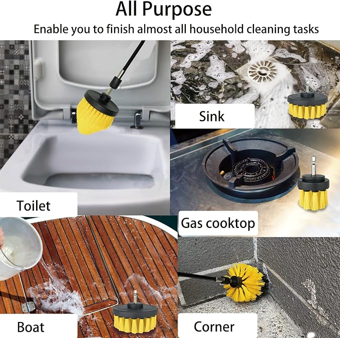Drill Brush Attachment Set, 7 Pack 1/4in Power Scrubber Brush + Extend Long Rod