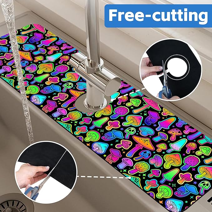 Bright Psychedelic Mushroom Kitchen Sink Splash Guard Mat Absorbent Fast Drying