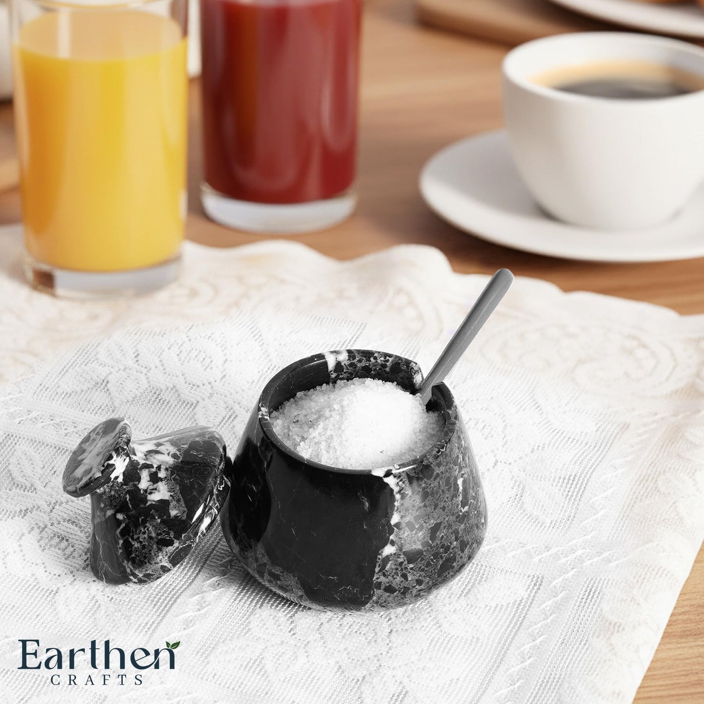 EARTHEN CRAFTS Marble Salt Cellar with Lid & Spoon, Black, 3" Salt Box Natural Stone Salt Holder For Countertop Salt Dish Spice Jar Seasoning Storage Containers for Kitchen Table Decor