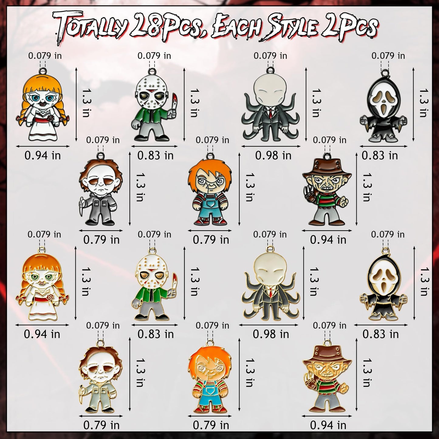 7ilaewen 28Pcs Horror Classic Movie Character Charms Halloween Enamel Pendants, Horror Ghost Dangle Halloween Scary Earring Necklace Bracelet Charms for Jewelry Making DIY Crafts Gifts