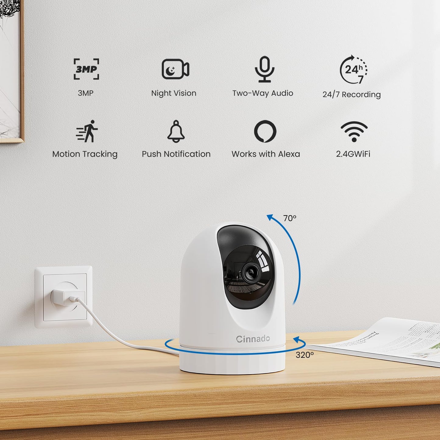 Cinnado WiFi Security Camera Indoor - 2K Pet Dog Cameras House Security with APP for Baby Monitor Home CCTV Wireless 360°, Motion Tracking, Smart Siren, IR Night Vision, D1