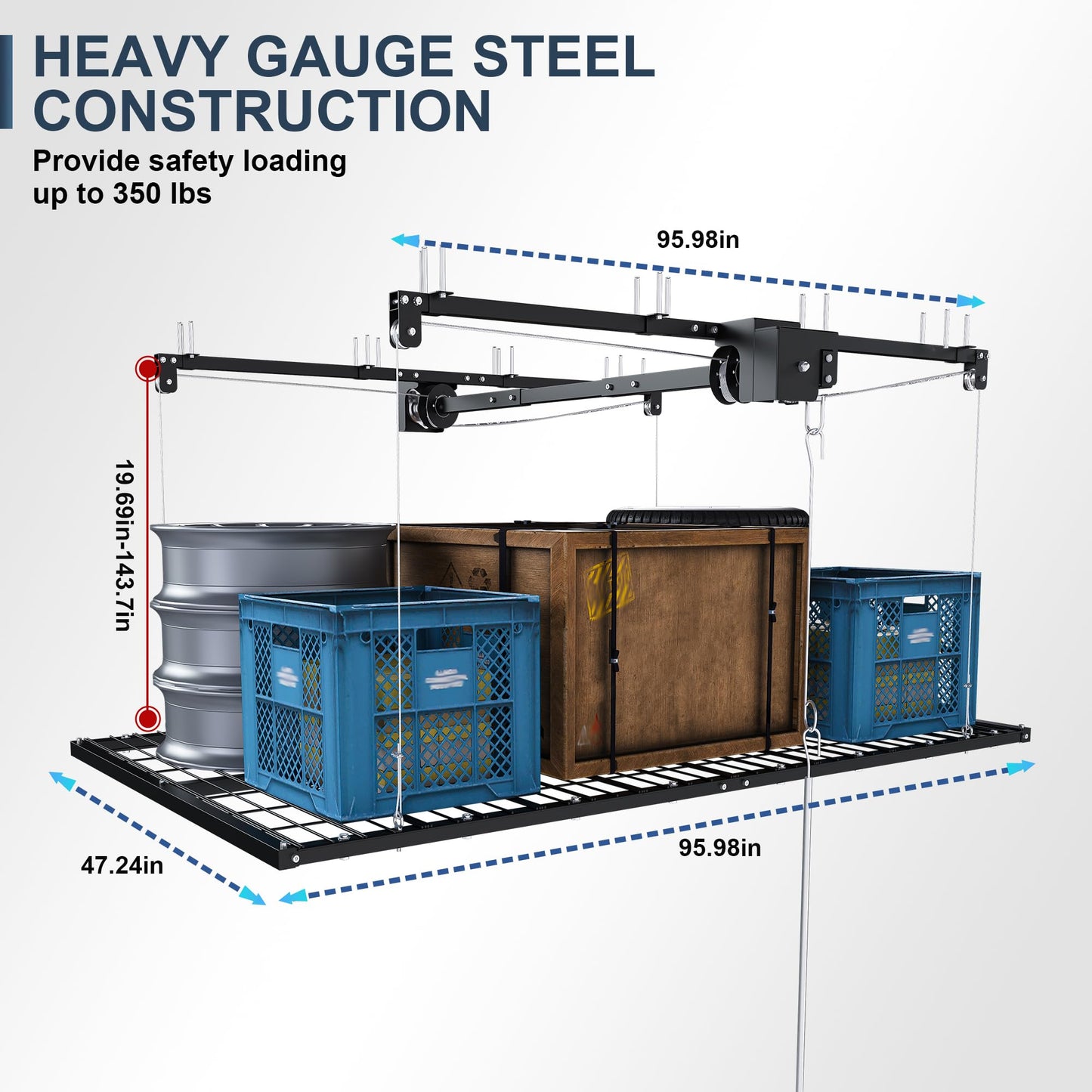 Legendstone 4x8FT Overhead Garage Storage Rack for High Ceilings 10-12 FT, Adjustable Garage Organization System, Heavy Duty Ceiling Storage Racks with Safety Lock,350LBS Capacity,Black