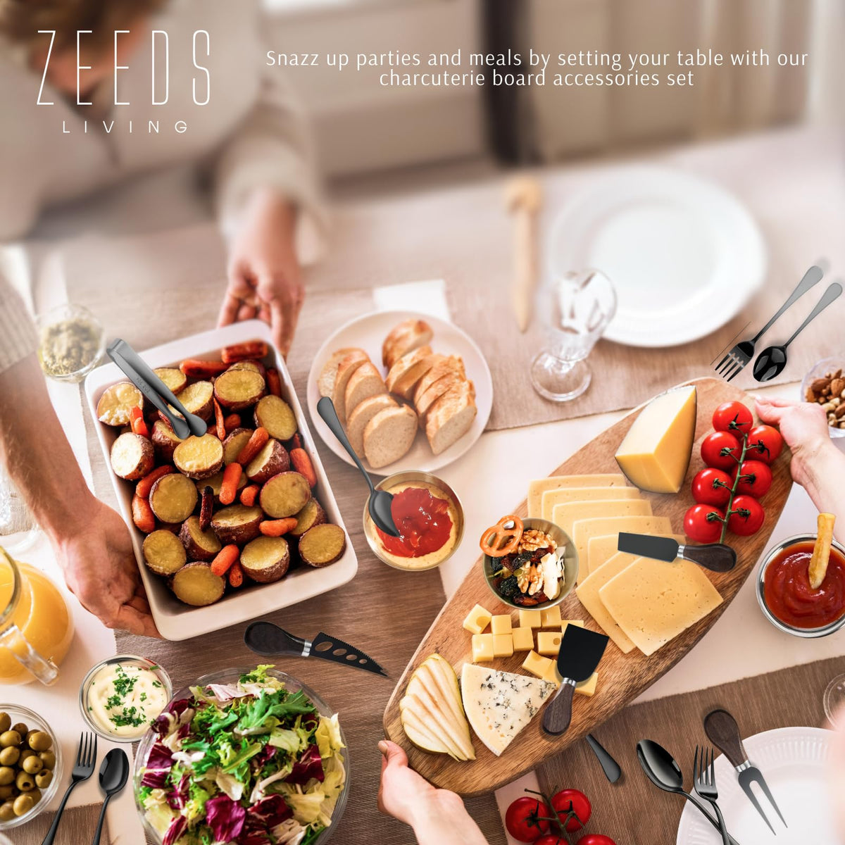Charcuterie Board Accessories Set - Cheese Knife & Spreader, Charcuterie Cocktail Picks, Small Serving Bowls, Cheese Markers & Mini Tongs for Valentine Charcuterie Platter & Grazing Board (Black)