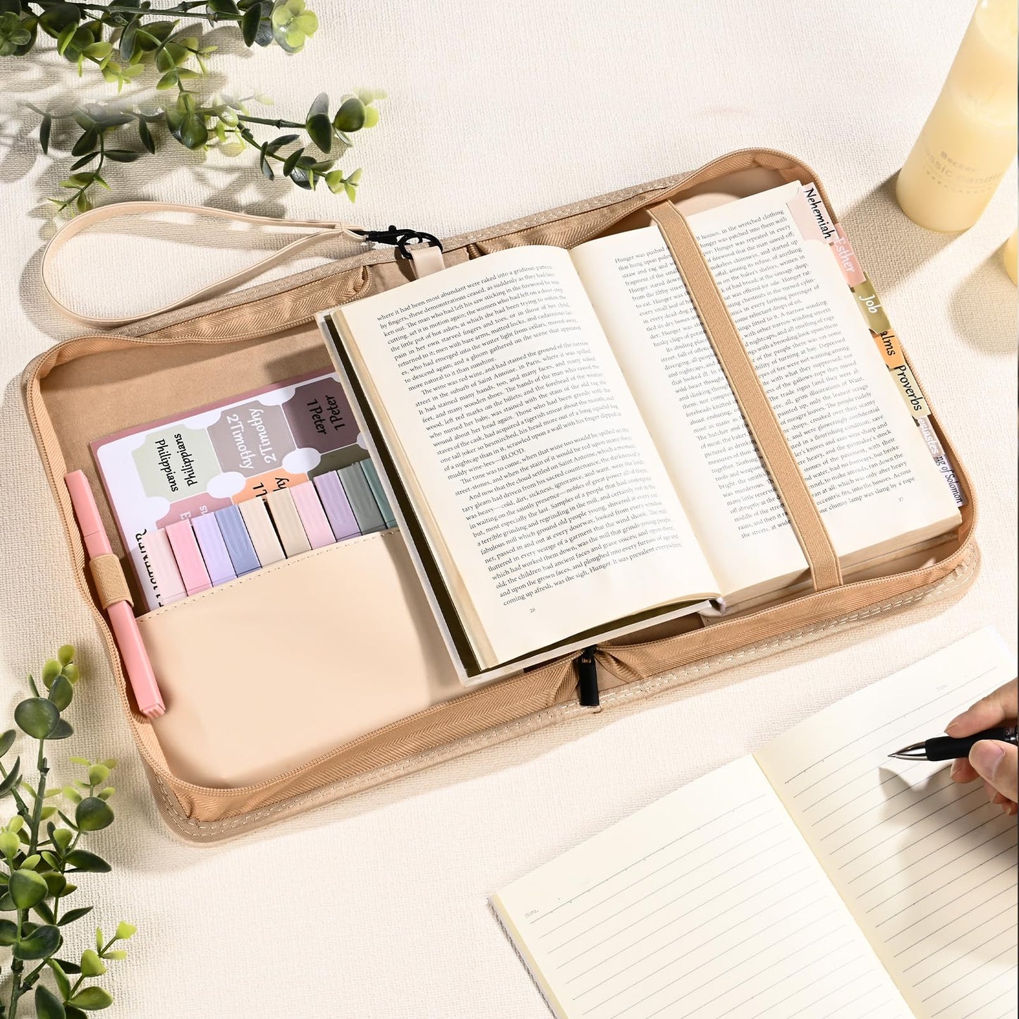 Bible Cover Case for Women Khaki Leather Floral Bible Storage Bag with Highlighters Tabs for Girls Bible Study Supplies Accessories Christian Gifts