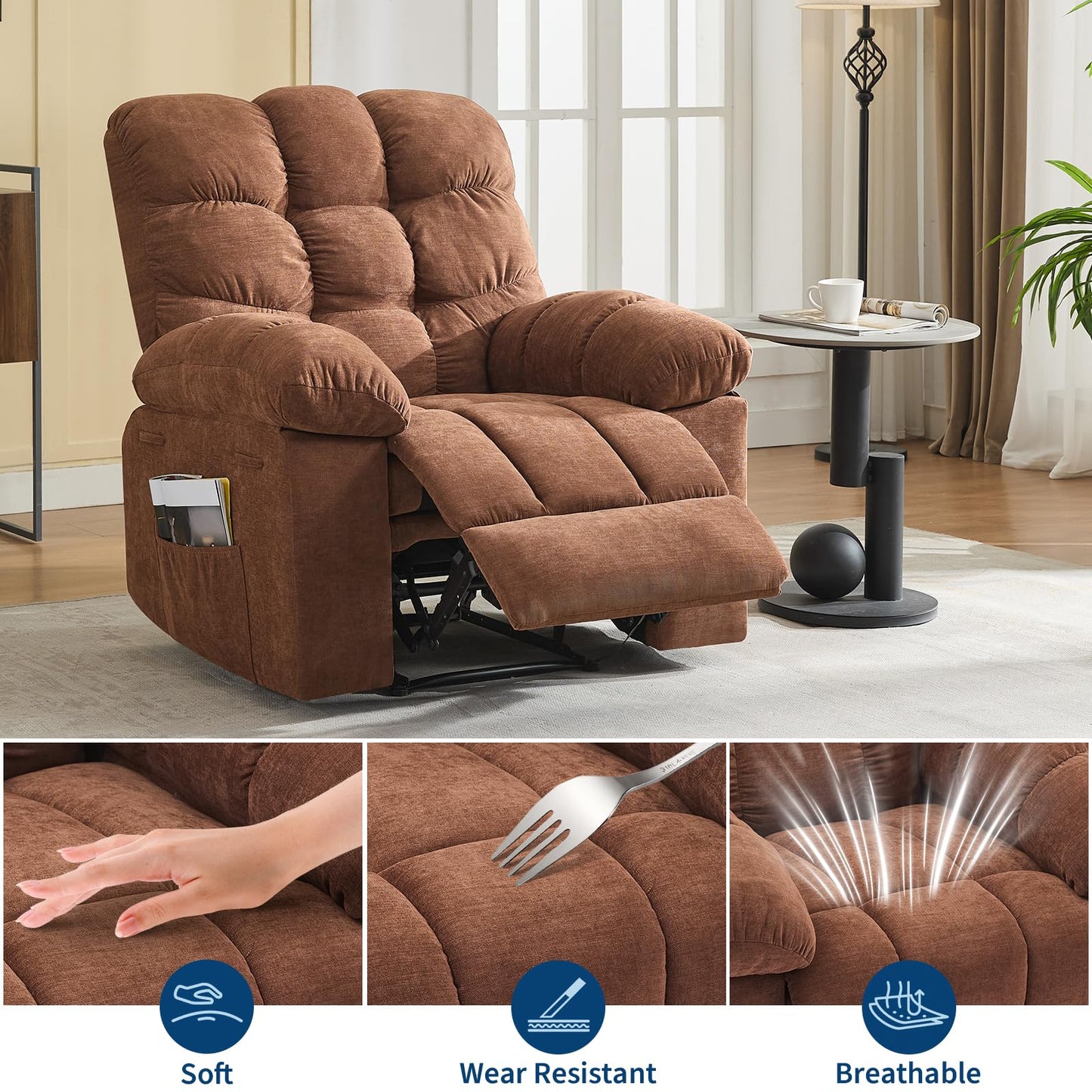 Nursery Chairs, Chair with Massage and Heat,Heat Ergonomic Overstuffed Breathable Fabric Reclining Chair with 2 Side Pockets, Remote Control, Living Room, Bedroom