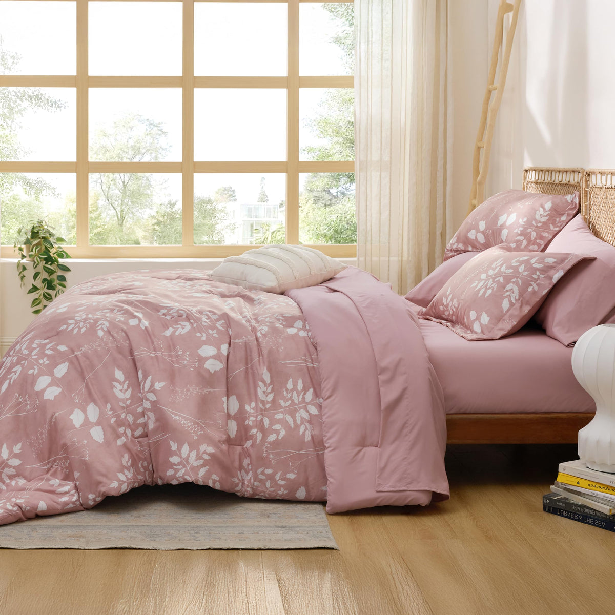 Bedsure Rose Pink Queen Comforter Set - 7 Pieces Floral Bedding Sets Queen Bed in a Bag with Reversible Botanical Flowers Comforter, Sheets, Pillowcases & Shams