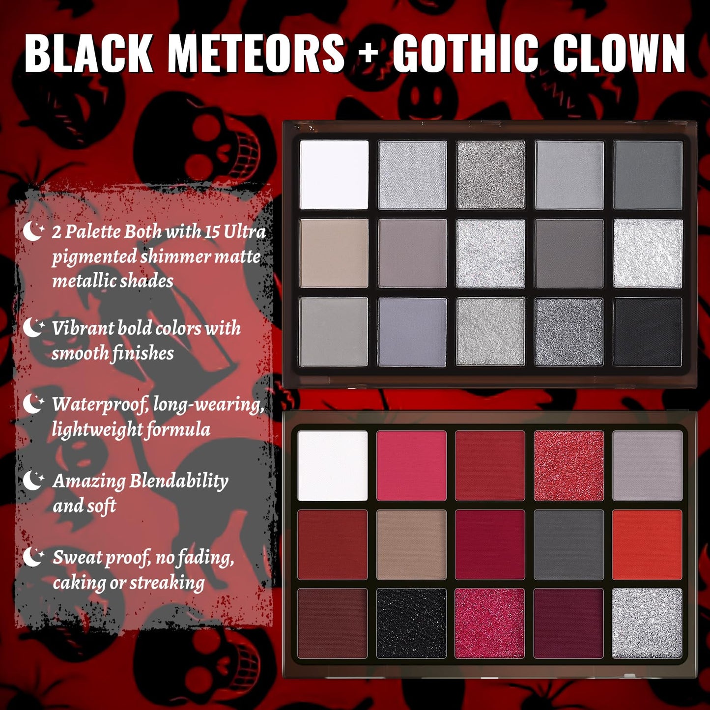 UCANBE 2pcs Halloween Eyeshadow Palette Makeup Set, Black Red Colors Shimmer Matte Metallic Smokey Dark Eye Shadow Pallet with Soft Brush Kit, Goth Eye Make Up for Costume Joker Clown Vampire