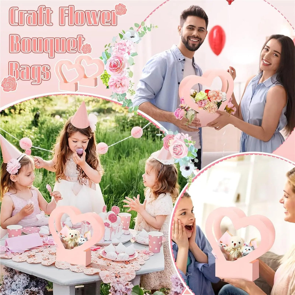 Nikeg Kraft Paper Flower Gift Bags 12Pcs Paper Flower Box for Arrangement Bouquet Gift Bags with Handle Waterproof Packaging Floral Wrap Wedding Birthday Party(Pink)