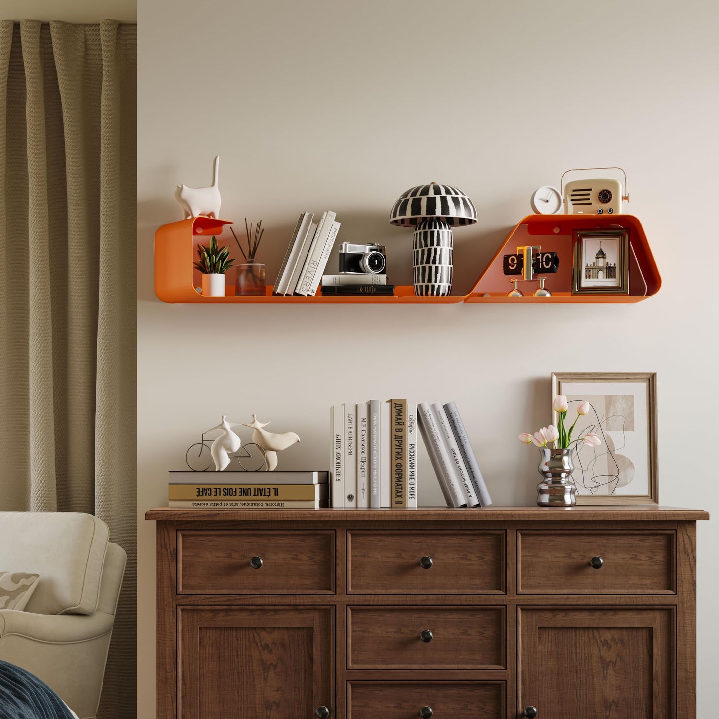 Sttoraboks Floating Wall Shelves Set of 3, Metal Mounted Shelf with Unique Design, Bookshelf for Storage & Display in Bathroom, Bedroom, Kitchen, Living Room, Orange Home Decor