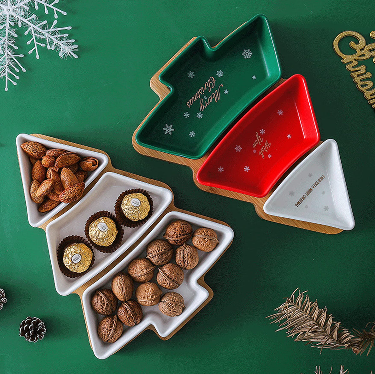 ROSE CREATE Colorful 11.6 Inches Big Colorful Snack Appetizer Trays Set, Christmas Tree Dessert Serving Dishes, Snack Platter, 3 pcs Removable Porcelain Plates with Bamboo Tree Tray
