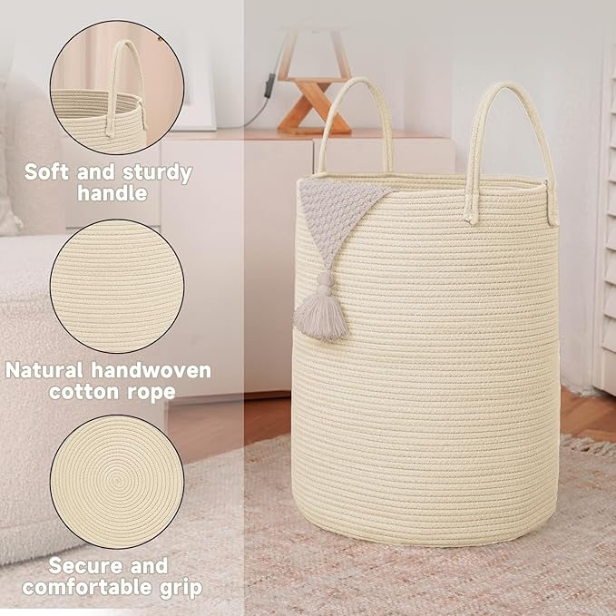 Large Woven Laundry Basket Hamper, 100L Cotton Rope Storage Bin