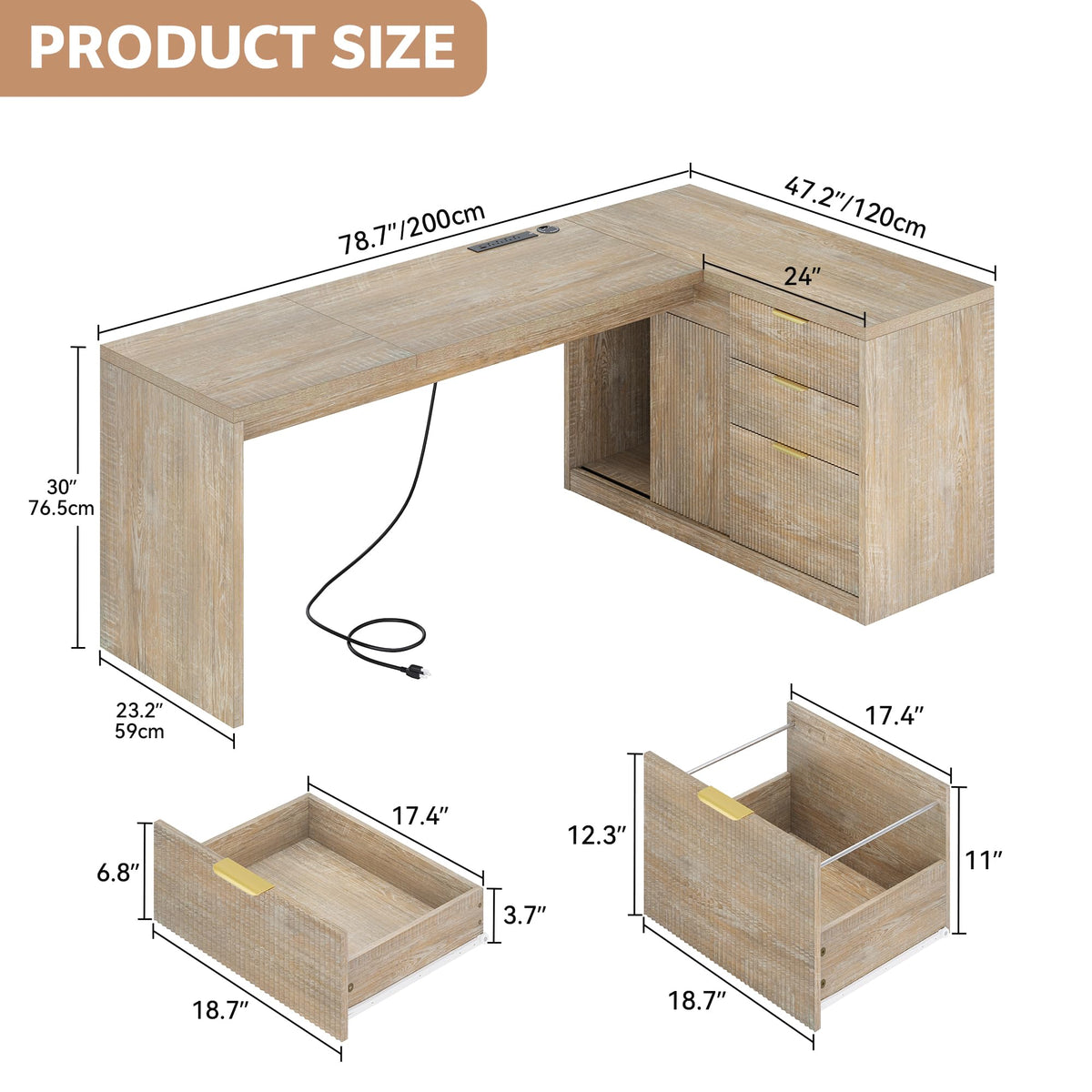 Homiflex 78 Inch L Shaped Office Desk with Drawers Fluted L Shape Computer Desk Executive Office Desk with File Cabinet Storage Shelves and Power Outlets Sturdy Writing Workstation Natural Oak