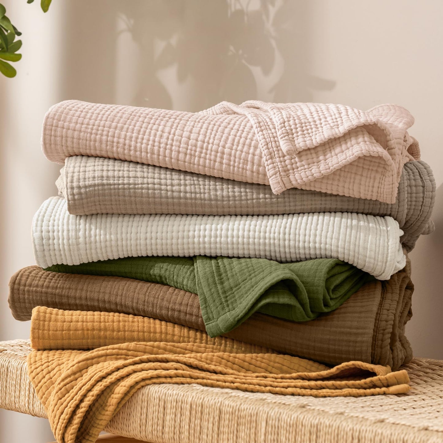 PHF 100% Cotton Muslin Throw Blanket 50" x 60", 4-Layer Lightweight and Breathable Blanket, Luxuriously Soft Gauze Throws for Couch Bed Sofa, Ideal Gift Choice, Oat Milk