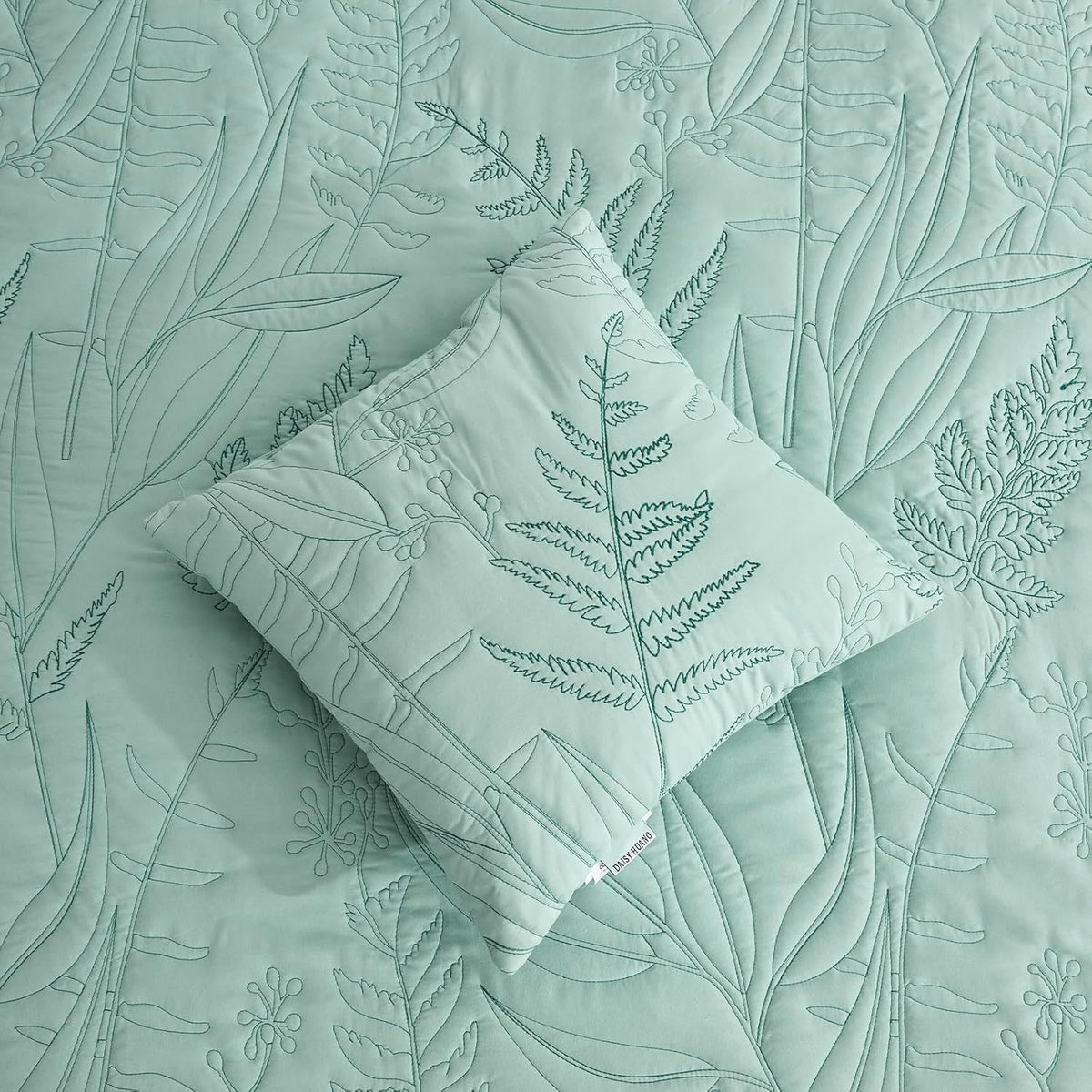 DaisyHuang Botanical Oversized Bedspread Queen Size - Leaves Pattern Stitching Quilt Set - Elegant & Fresh Style Bedding Coverlets, Reversible, Lightweight, 5 Piece, Seaglass