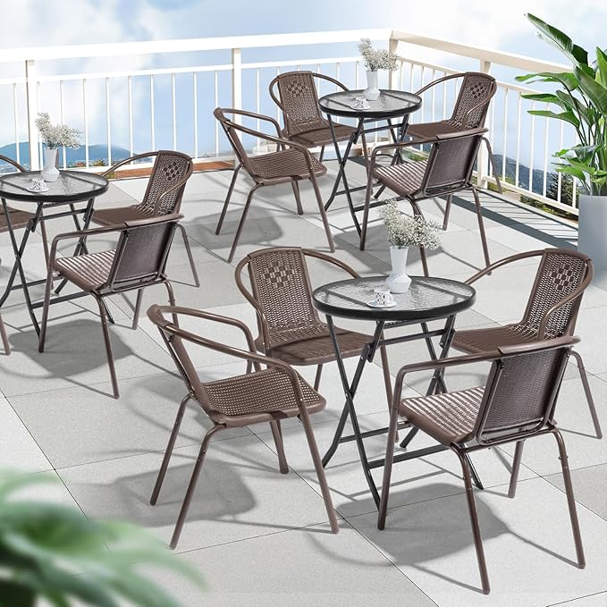 VINGLI PE Rattan Outdoor Dining Chairs Set of 1, Plastic Stackable Patio Chairs for Indoor, Porch, Restaurant, Garden, Brown