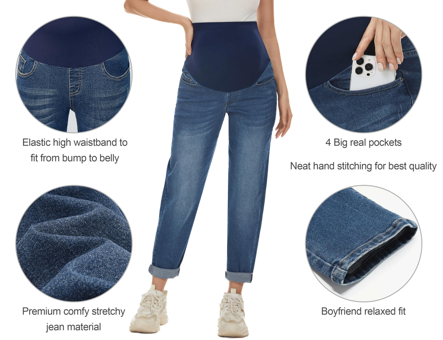 POSHGLAM Women's Maternity Jeans Over Belly Comfy Stretch Boyfriend Jeans Loose Pregnancy Pants, S-XXL, A02 Dark Blue, XL