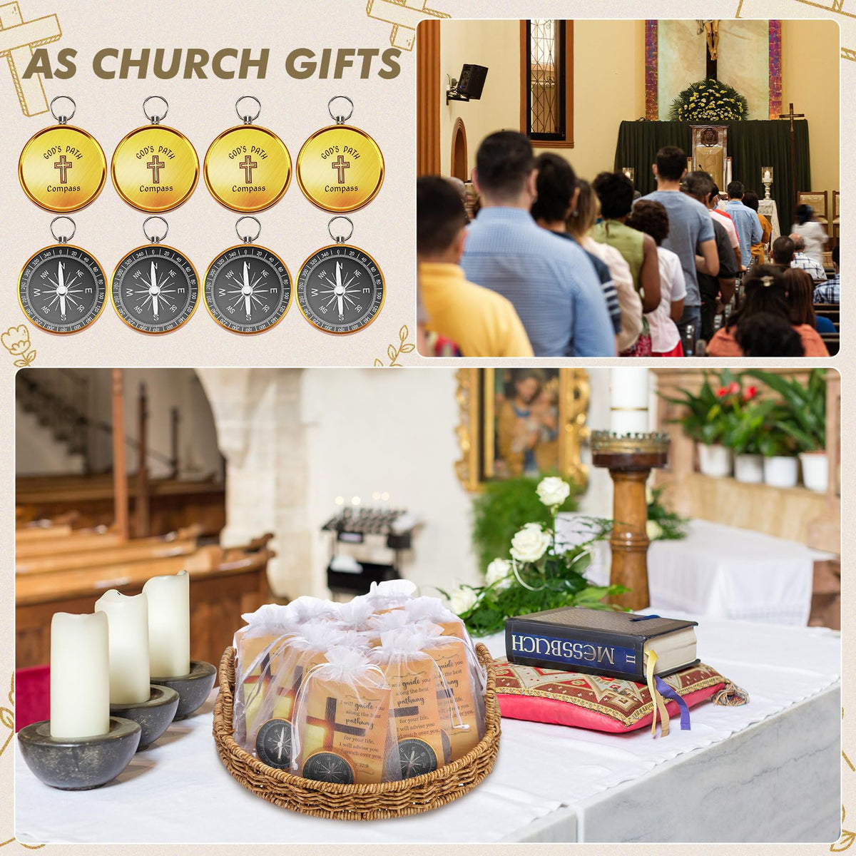 Relaxweex 24 Set Mini Christian Compass Christian Gift Set Compass with Cards and White Drawstring Organza Bag Bible Scripture Cards Religious Gifts for Men Graduation Gift Weddings