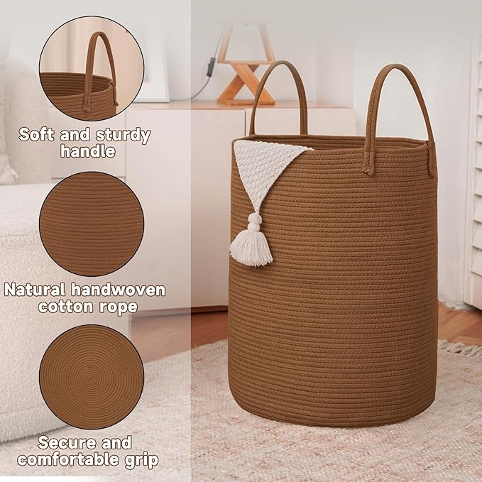Large Woven Laundry Basket Hamper, 60L Cotton Rope Storage Bin