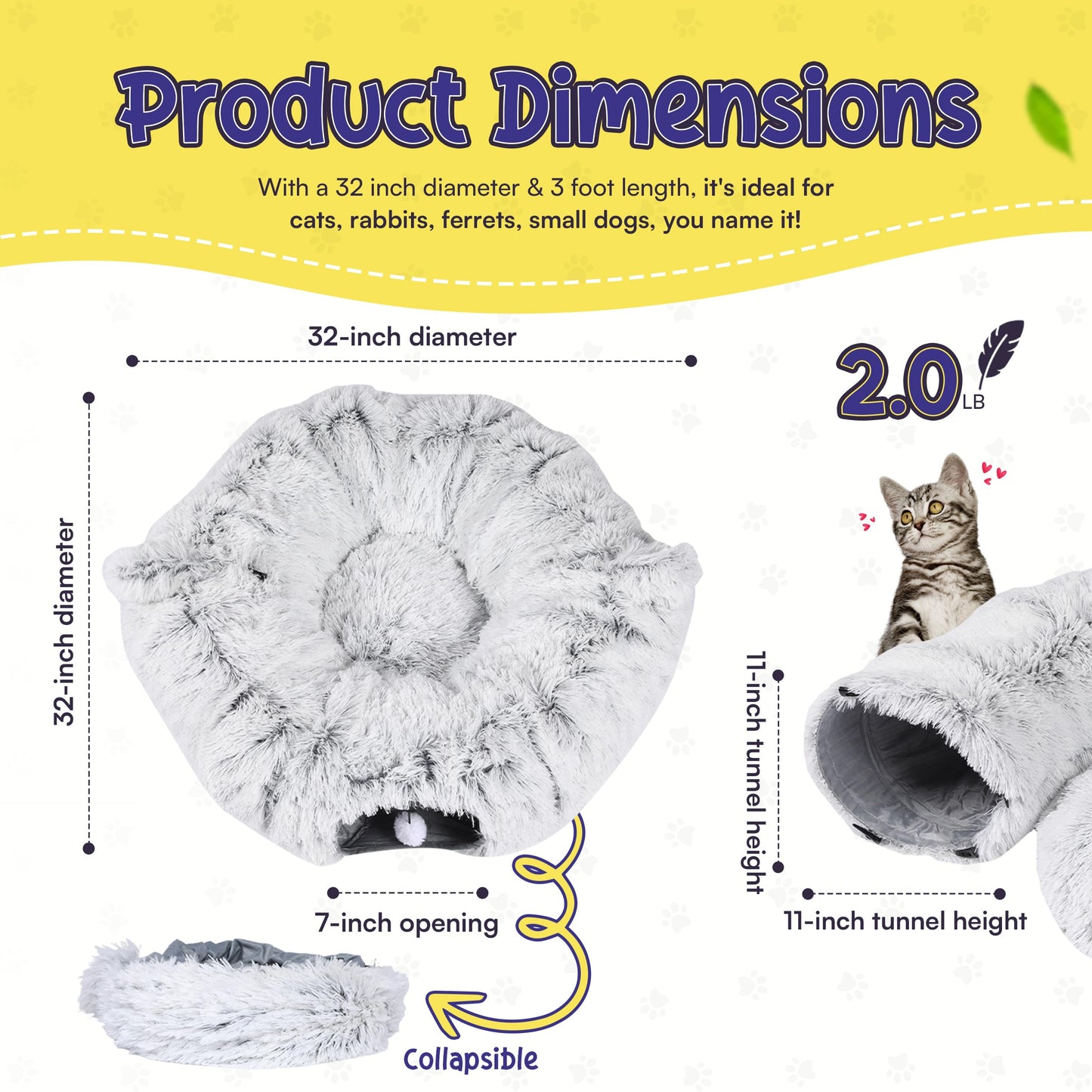PurrPuff Cat Tunnel Bed Cave with Catnip Toys - Peekaboo Cat Hideaway & Cat Donut Tunnel - 3-in-1 Cat Tunnels for Indoor Cats - Foldable Cute Cat Bed - 32" Washable